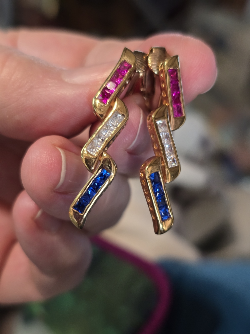 Gold-Tone Multicolor Rhinestone Earrings - Pink, White & Blue Clip On